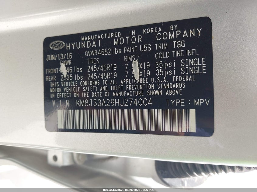 2017 Hyundai Tucson VIN KM8J33A29HU274004 IAAI salvage auction — NORMAL WEAR, Original (Texas), sold $3,100 on 2026-07-28 (photo 9)