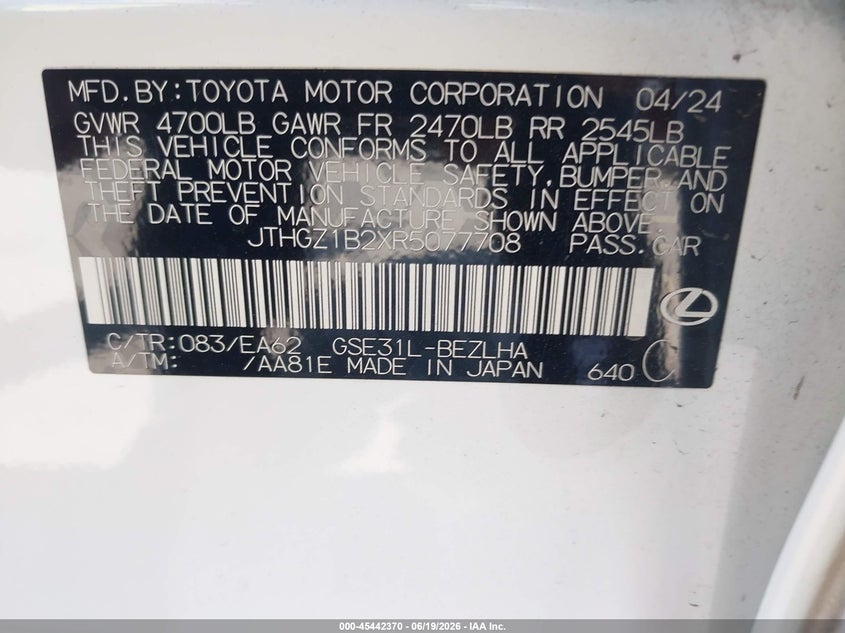2024 Lexus Is VIN JTHGZ1B2XR5077708 IAAI salvage auction — SIDE, Salvage Title, sold $15,800 on 2026-08-01 (photo 9)