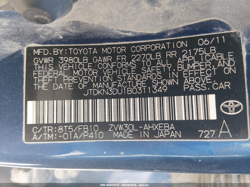 2011 Toyota Prius VIN JTDKN3DU1B0311349 IAAI salvage auction — NORMAL WEAR, Clear (Illinois), sold $300 on 2026-07-28 (photo 8)