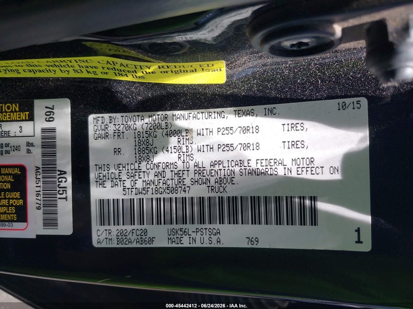2016 Toyota Tundra VIN 5TFDW5F18GX508747 IAAI salvage auction — SIDE, Salvage Title, sold $10,000 on 2026-07-08 (photo 9)