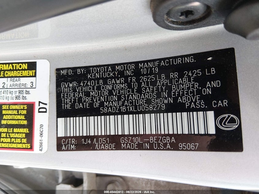 2020 Lexus VIN 58ADZ1B1XLU058279 IAAI salvage auction — FRONT END, Salvage (North Carolina), sold $7,700 on 2026-07-29 (photo 9)