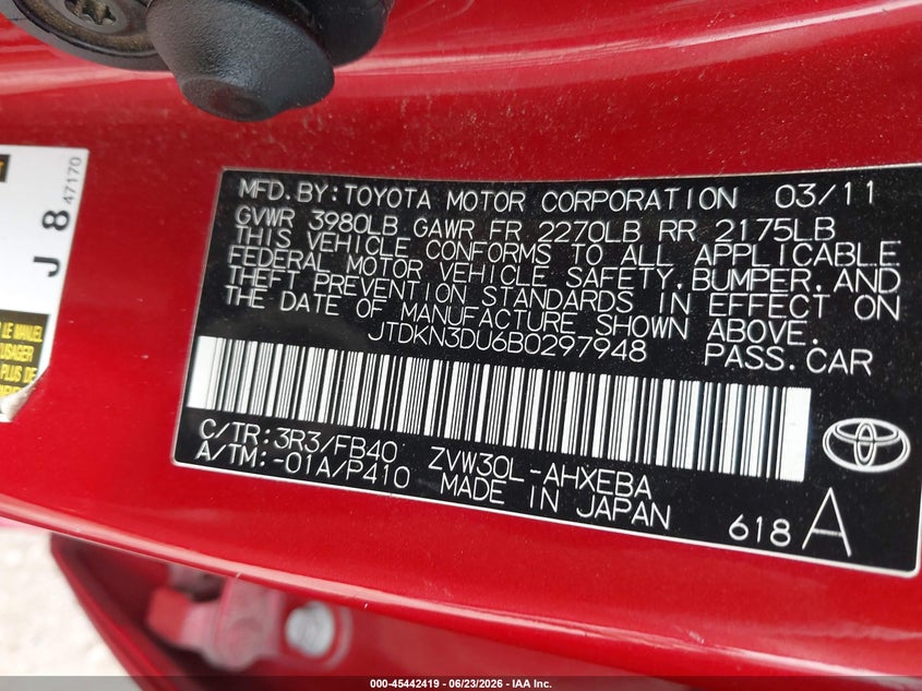 2011 Toyota Prius VIN JTDKN3DU6B0297948 IAAI salvage auction — REAR END, Salvage (Texas), sold $900 on 2026-07-13 (photo 9)