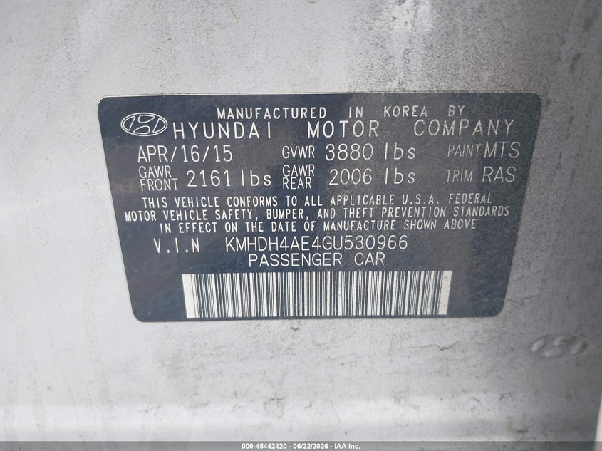 2016 Hyundai Elantra VIN KMHDH4AE4GU530966 IAAI salvage auction — THEFT, Salvage (North Carolina), sold $800 on 2026-07-29 (photo 9)