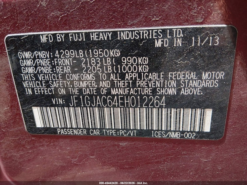 2014 Subaru Impreza VIN JF1GJAC64EH012264 IAAI salvage auction — REAR END, Salvage (Utah), sold $1,750 on 2026-07-10 (photo 9)