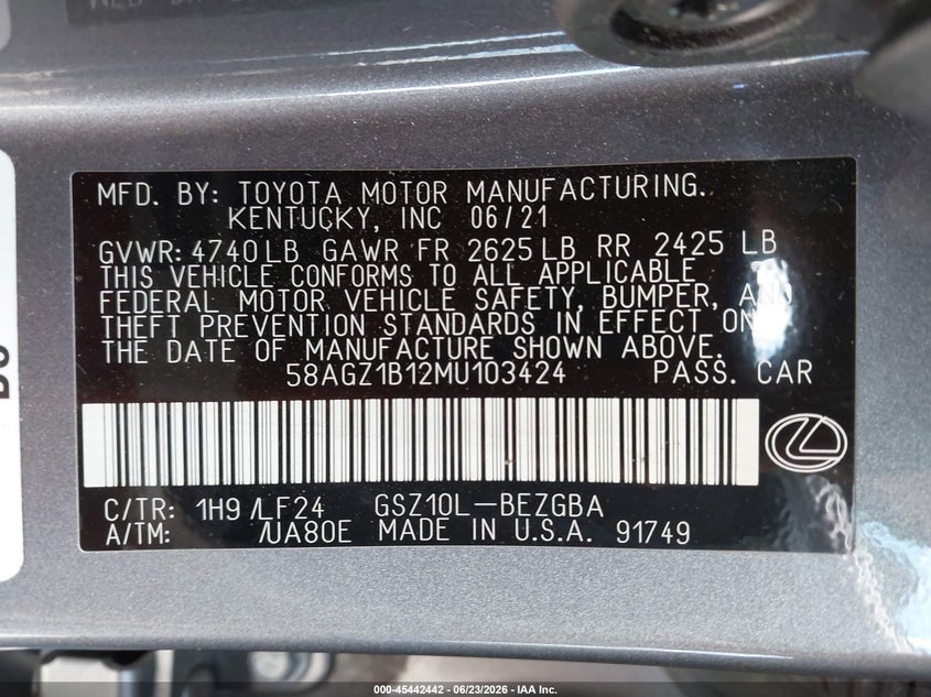 2021 Lexus ES VIN 58AGZ1B12MU103424 IAAI salvage auction — FRONT END, Wait Title, sold $16,100 on 2026-09-03 (photo 9)