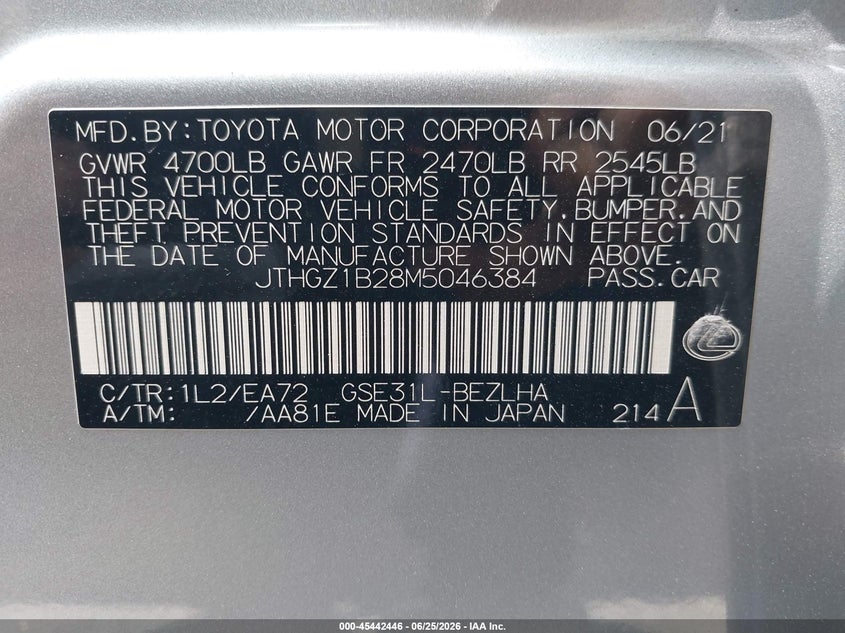 2021 Lexus Is VIN JTHGZ1B28M5046384 IAAI salvage auction — RIGHT REAR, Salvage Certificate (California), sold $12,200 on 2026-07-22 (photo 9)