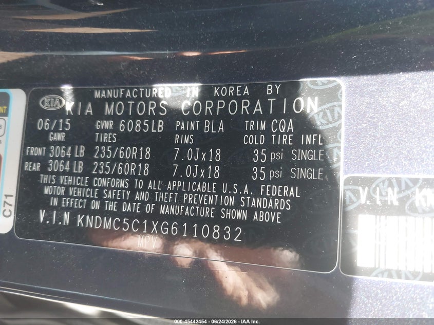 2016 Kia SEDONA VIN KNDMC5C1XG6110832 IAAI salvage auction — RIGHT FRONT, Bill Of Sale (Washington), sold $1,025 on 2026-07-14 (photo 9)