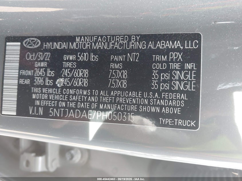 2023 Hyundai Santa cruz VIN 5NTJADAE7PH050315 IAAI salvage auction — SUSPENSION, Salvage Title, sold $3,050 on 2026-07-25 (photo 9)