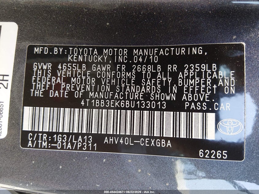 2011 Toyota Camry hybrid VIN 4T1BB3EK6BU133013 IAAI salvage auction — REAR END, Salvage (California), sold $1,750 on 2026-07-09 (photo 9)