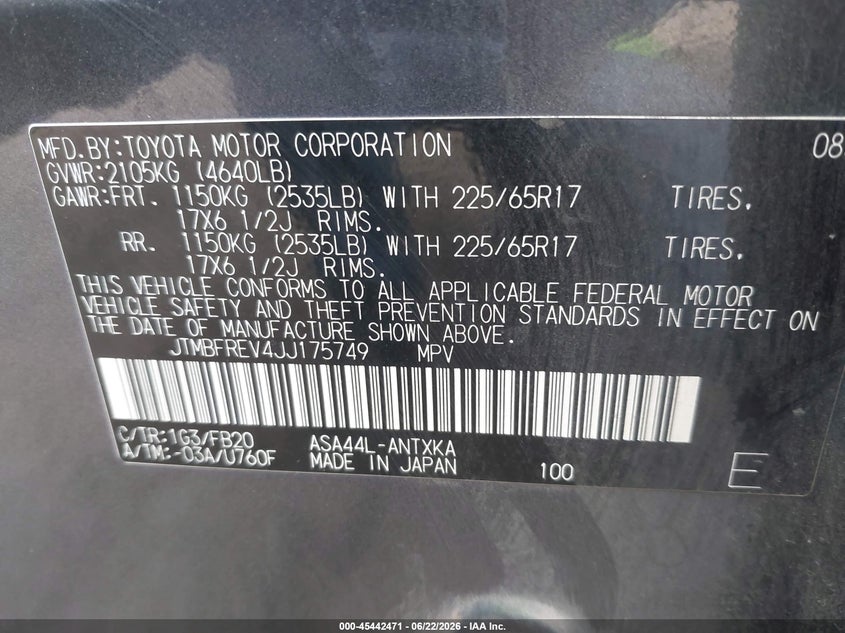 2018 Toyota Rav 4 VIN JTMBFREV4JJ175749 IAAI salvage auction — REAR END, Bill Of Sale (Washington), sold $5,700 on 2026-07-14 (photo 9)