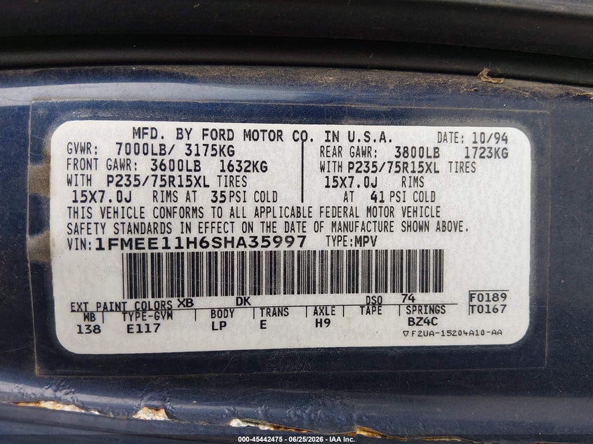 1995 Ford Econoline VIN 1FMEE11H6SHA35997 IAAI salvage auction — LEFT & RIGHT, Bill Of Sale (Washington), sold $425 on 2026-07-08 (photo 9)