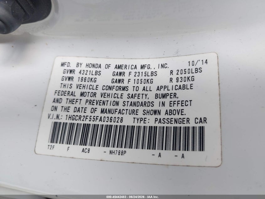 2015 Honda Accord VIN 1HGCR2F55FA036028 IAAI salvage auction — BIO HAZARD, Salvage (Texas), sold $450 on 2026-07-24 (photo 9)