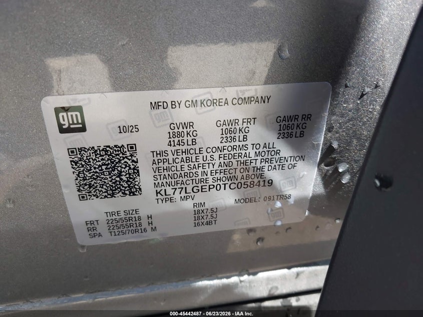 2026 Chevrolet Trax VIN KL77LGEP0TC058419 IAAI salvage auction — REAR END, Salvage (Ohio), sold $7,400 on 2026-07-28 (photo 9)