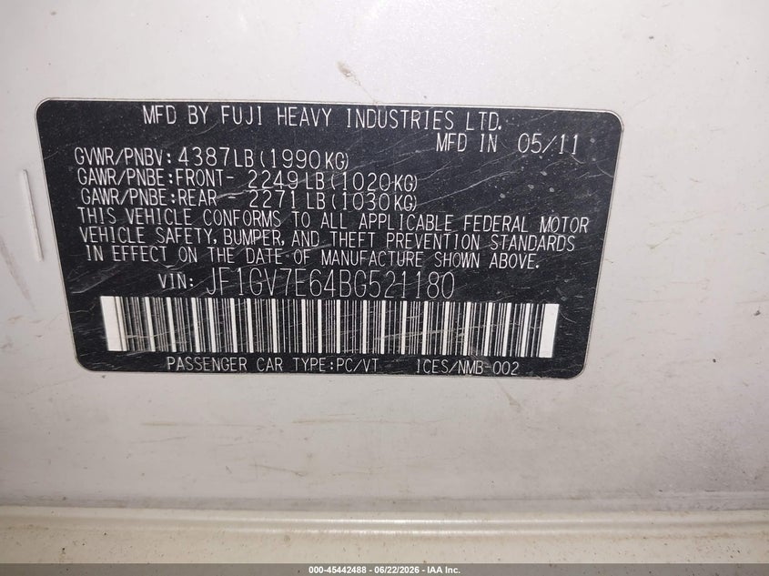 2011 Subaru Impreza VIN JF1GV7E64BG521180 IAAI salvage auction — REAR END, Salvage (North Dakota), sold $625 on 2026-07-08 (photo 9)
