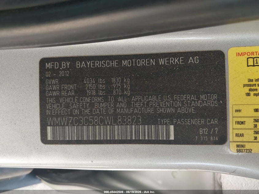 2012 Mini VIN WMWZC3C58CWL83823 IAAI salvage auction — RIGHT REAR, Original (Texas), sold $425 on 2026-07-13 (photo 9)