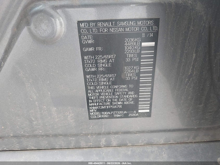 2015 Nissan Rogue VIN KNMAT2MT1FP514791 IAAI salvage auction — FRONT END, Bill Of Sale (Georgia), sold $325 on 2026-07-15 (photo 9)