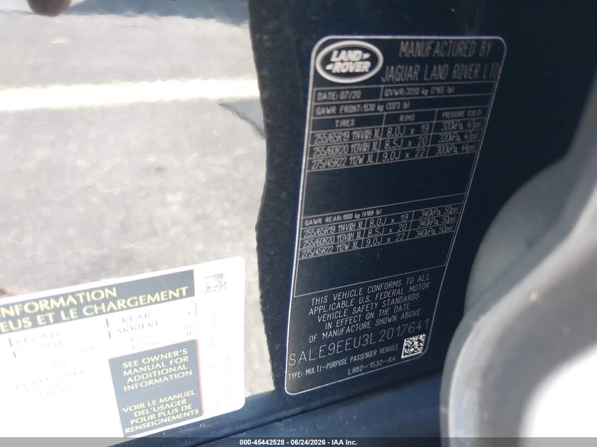 2020 Land rover Defender VIN SALE9EEU3L2017641 IAAI salvage auction — REAR END, Rebuildable (Florida), sold $28,500 on 2026-07-30 (photo 9)
