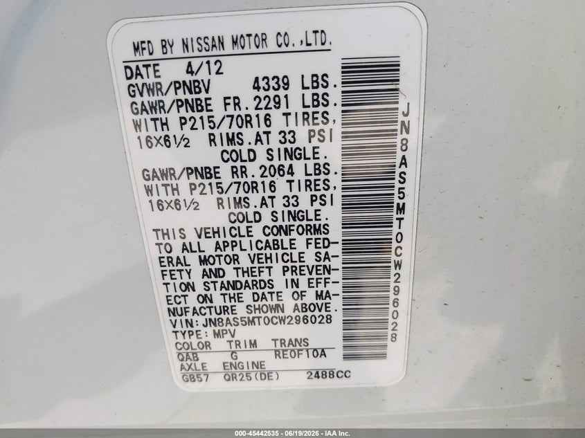 2012 Nissan Rogue VIN JN8AS5MT0CW296028 IAAI salvage auction — NORMAL WEAR, Original (Maine), sold $275 on 2026-07-20 (photo 9)