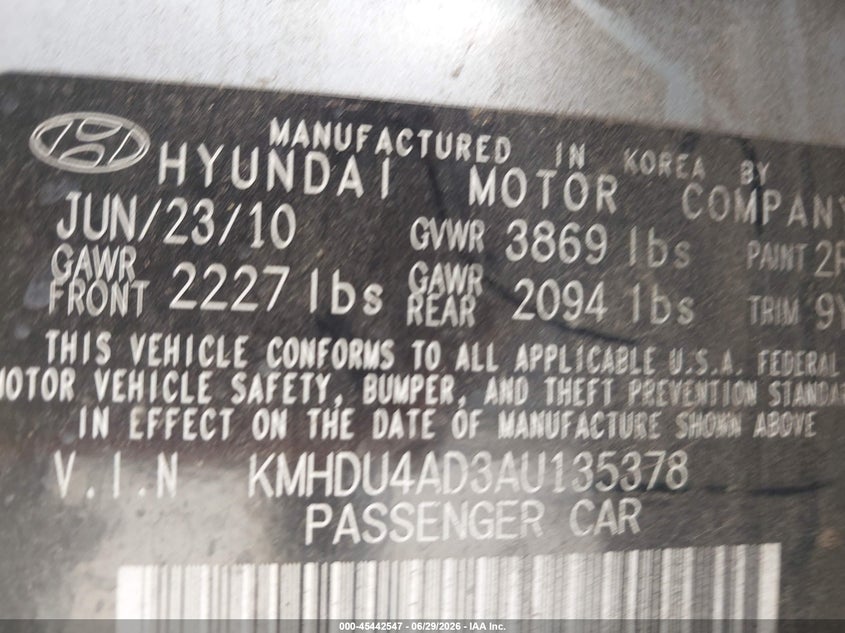 2010 Hyundai Elantra VIN KMHDU4AD3AU135378 IAAI salvage auction — NORMAL WEAR, Clear (Arizona), sold $25 on 2026-07-28 (photo 9)