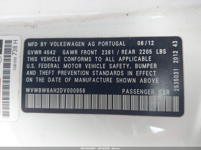 2013 Volkswagen Eos VIN WVWBW8AH2DV000956 IAAI salvage auction — NORMAL WEAR, Clear (North Carolina), sold $1,275 on 2026-07-22 (photo 9)