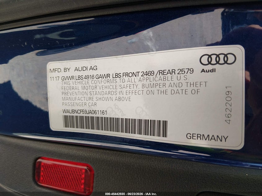 2018 Audi A5 VIN WAUBNCF59JA061161 IAAI salvage auction — RIGHT FRONT, Salvage Title, sold $4,450 on 2026-07-25 (photo 9)