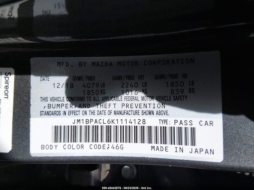 2019 Mazda 3 VIN JM1BPACL6K1114128 IAAI salvage auction — LEFT FRONT, Clear (South Carolina), sold $2,650 on 2026-08-01 (photo 9)
