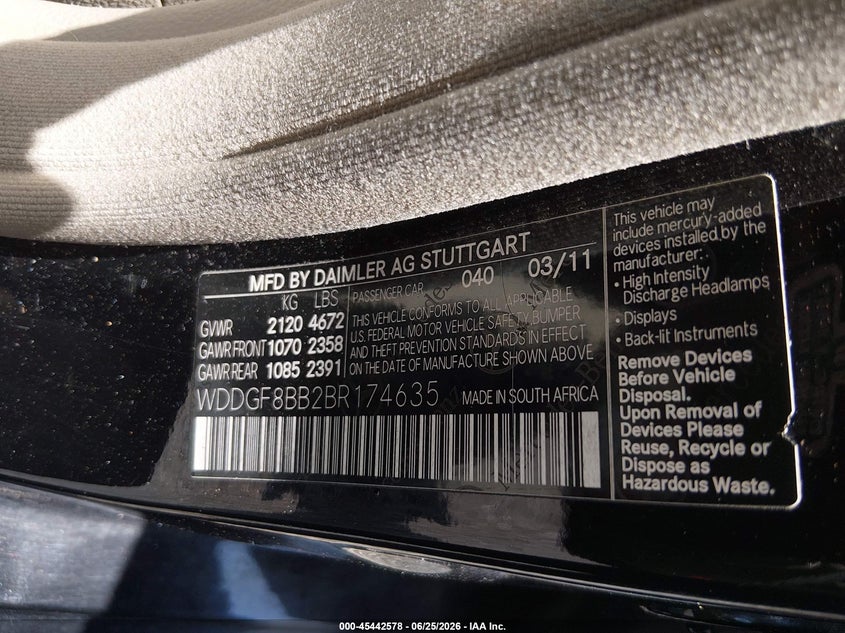 2011 Mercedes-benz C class VIN WDDGF8BB2BR174635 IAAI salvage auction — REAR END, Salvage (South Carolina), sold $375 on 2026-07-28 (photo 9)