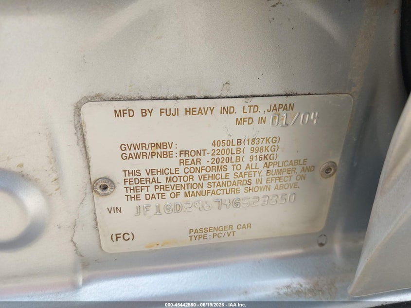 2004 Subaru Impreza VIN JF1GD29674G523850 IAAI salvage auction — VANDALISM, Original (Texas), sold $2,175 on 2026-07-13 (photo 9)