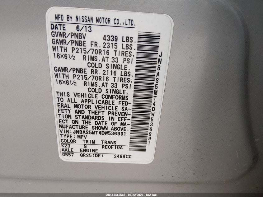 2013 Nissan Rogue VIN JN8AS5MT4DW536991 IAAI salvage auction — NORMAL WEAR, Clear (Georgia), sold $300 on 2026-07-09 (photo 9)