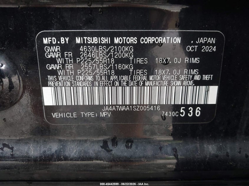 2025 Mitsubishi Eclipse cross VIN JA4ATWAA1SZ005416 IAAI salvage auction — FRONT END, Salvage Title, sold $1,450 on 2026-07-28 (photo 9)