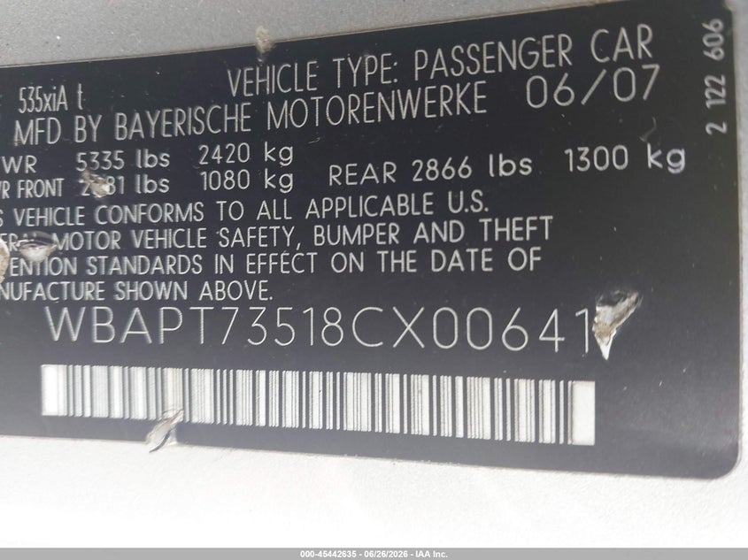 2008 BMW 5 series VIN WBAPT73518CX00641 IAAI salvage auction — NORMAL WEAR, Clear (Virginia), sold $400 on 2026-07-30 (photo 9)
