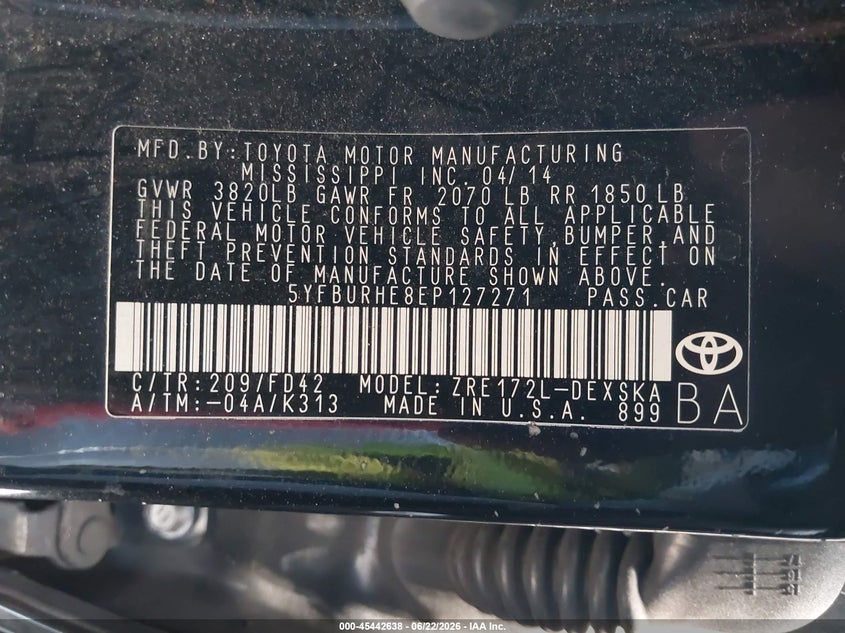 2014 Toyota Corolla VIN 5YFBURHE8EP127271 IAAI salvage auction — RIGHT FRONT, Salvage Title, sold $2,850 on 2026-07-15 (photo 9)