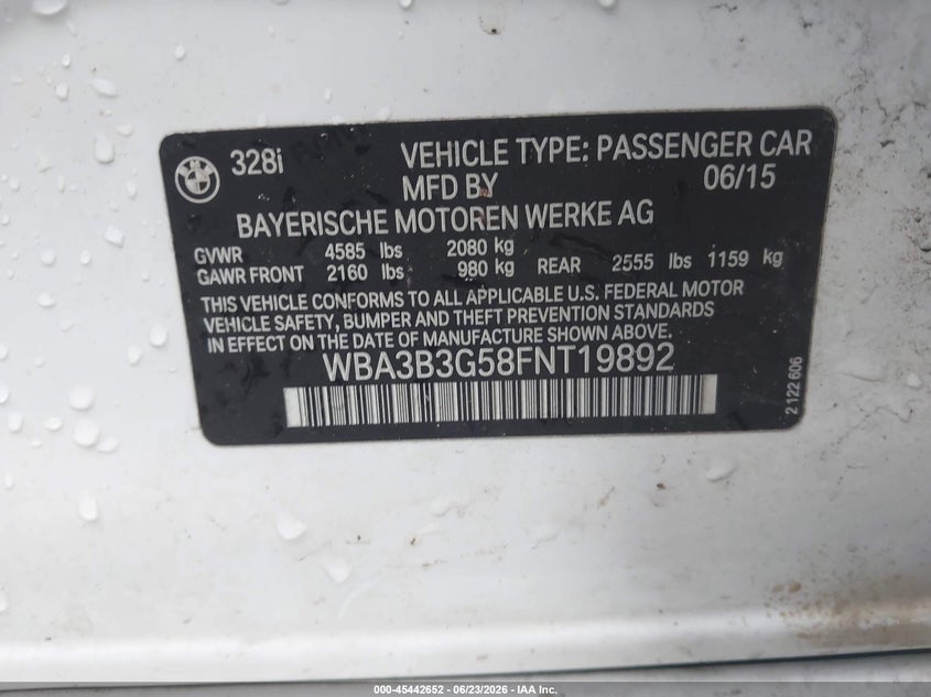 2015 BMW 3er VIN WBA3B3G58FNT19892 IAAI salvage auction — LEFT FRONT, Salvage - Greater Than 75% (Maryland), sold $1,900 on 2026-07-11 (photo 9)