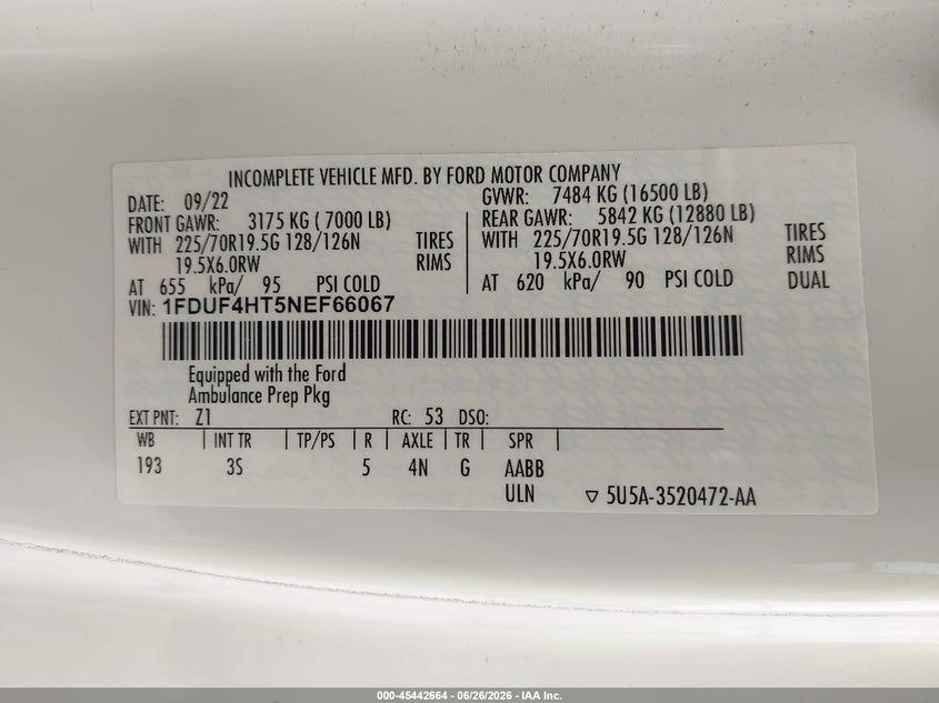 2022 Ford F450 VIN 1FDUF4HT5NEF66067 IAAI salvage auction — FRONT END, Salvage Title, sold $9,350 on 2026-08-19 (photo 8)