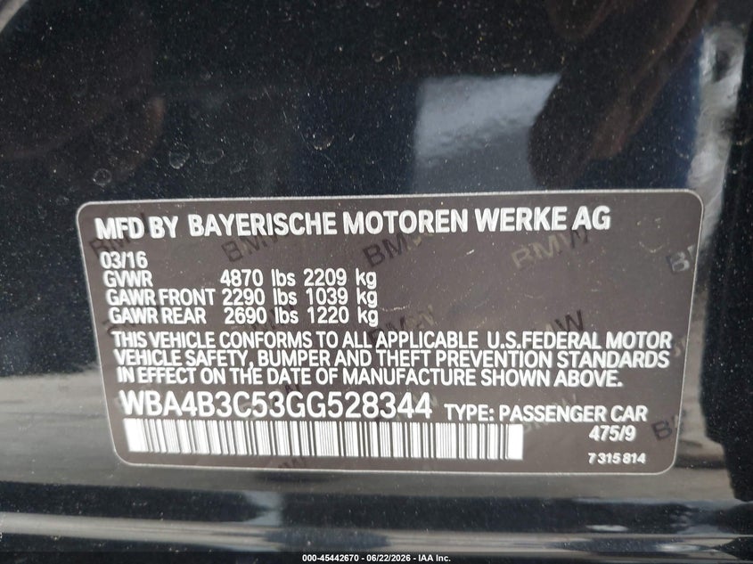 2016 BMW VIN WBA4B3C53GG528344 IAAI salvage auction — FRONT END, Salvage Title, sold $4,550 on 2026-07-18 (photo 9)