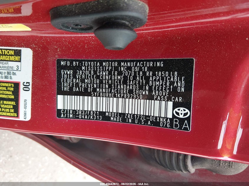 2019 Toyota Corolla VIN 5YFBURHE1KP892950 IAAI salvage auction — REAR END, Salvage (Louisiana), sold $2,450 on 2026-08-01 (photo 9)