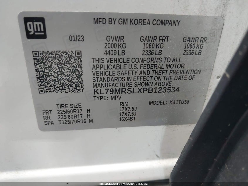 2023 Chevrolet Trailblazer VIN KL79MRSLXPB123534 IAAI salvage auction — FRONT END, Salvage Title, sold $2,050 on 2026-07-30 (photo 9)