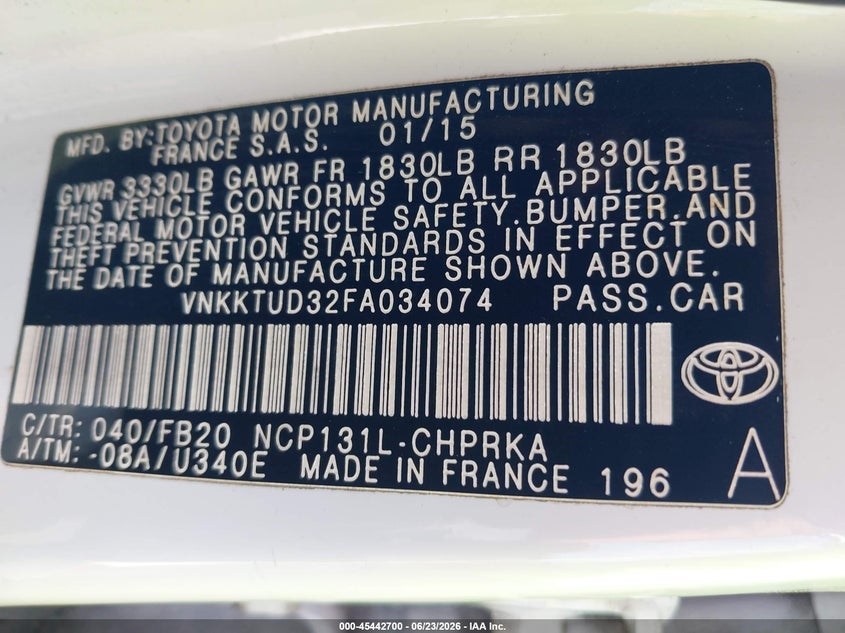 2015 Toyota Yaris VIN VNKKTUD32FA034074 IAAI salvage auction — FRONT END, Salvage (Idaho), sold $2,300 on 2026-07-08 (photo 9)