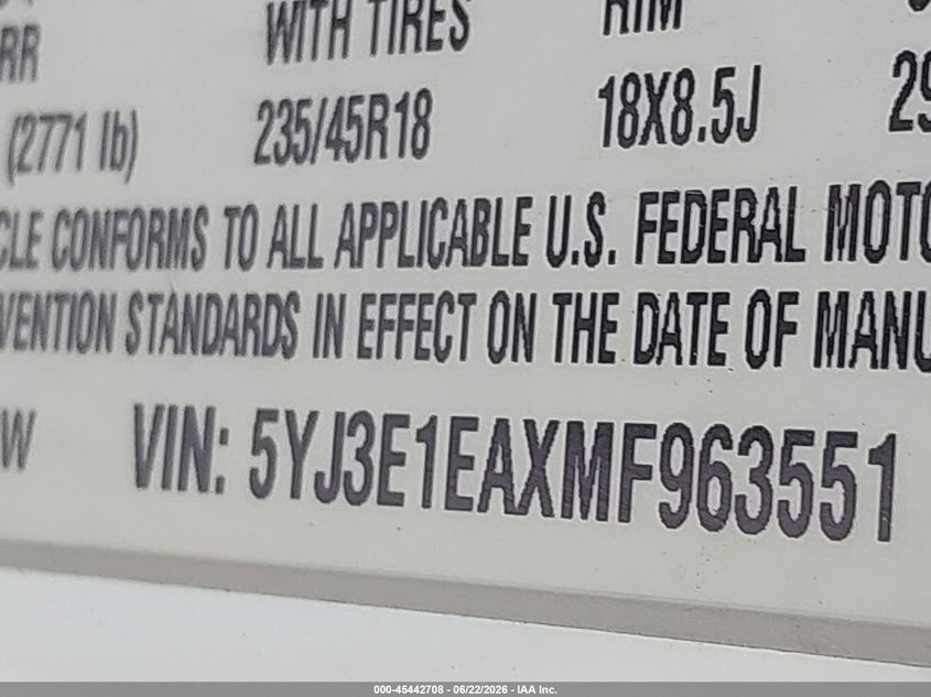 2021 Tesla Model 3 VIN 5YJ3E1EAXMF963551 IAAI salvage auction — FRONT END, Original (Texas), sold $4,300 on 2026-07-10 (photo 9)