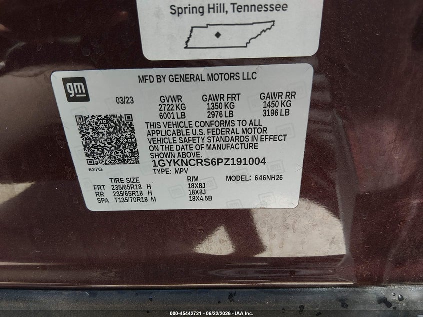 2023 Cadillac Xt5 VIN 1GYKNCRS6PZ191004 IAAI salvage auction — FRONT END, Original (Texas), sold $8,250 on 2026-09-09 (photo 9)