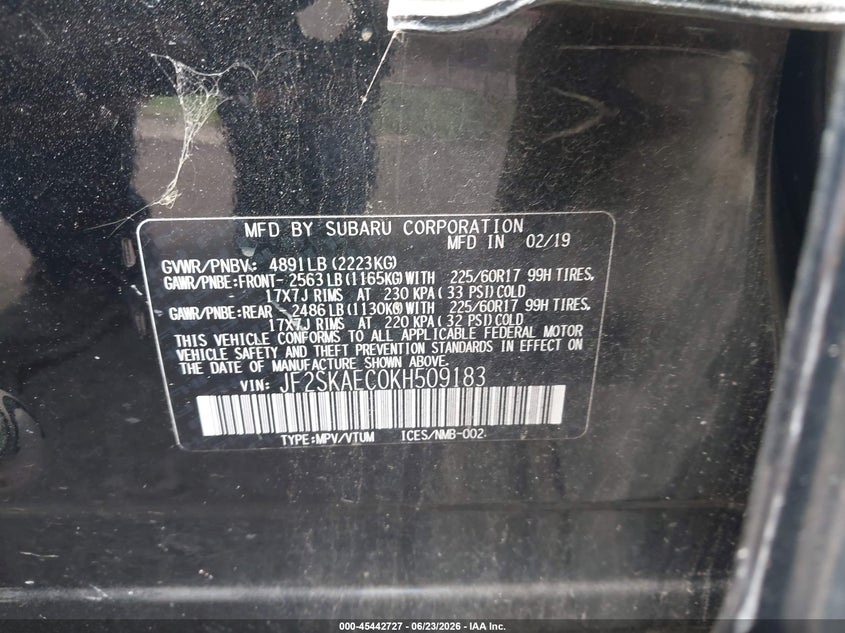 2019 Subaru Forester VIN JF2SKAEC0KH509183 IAAI salvage auction — FRONT END, Salvage (Mississippi), sold $2,050 on 2026-07-30 (photo 9)