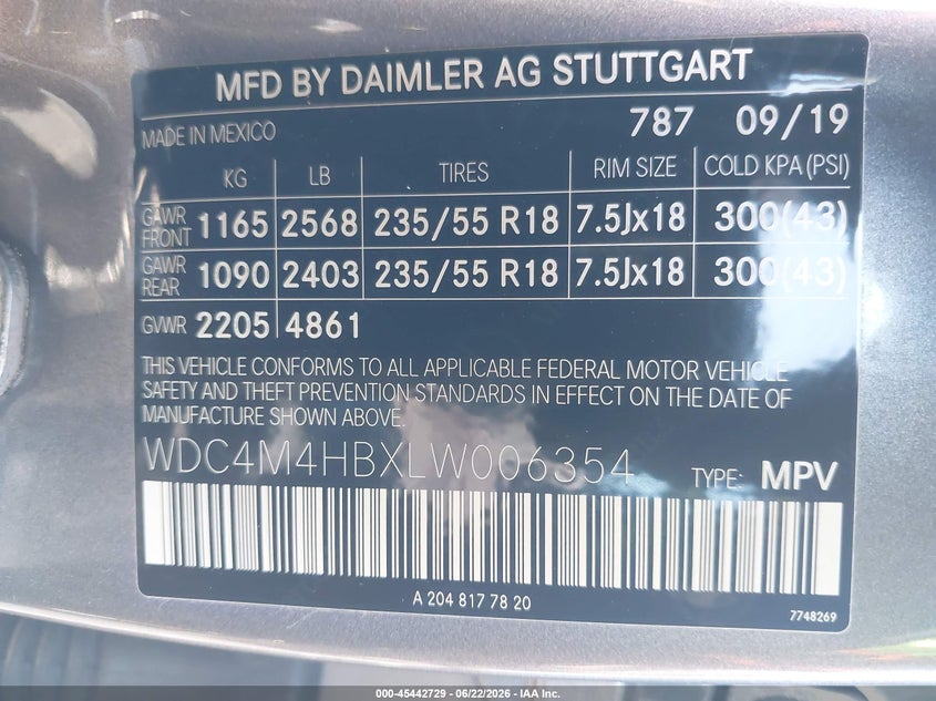 2020 Mercedes-benz VIN WDC4M4HBXLW006354 IAAI salvage auction — FRONT END, Salvage Title, sold $9,200 on 2026-08-16 (photo 9)