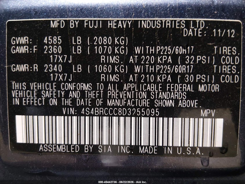 2013 Subaru Outback VIN 4S4BRCCC8D3255095 IAAI salvage auction — RIGHT FRONT, Salvage (North Dakota), sold $350 on 2026-07-10 (photo 9)
