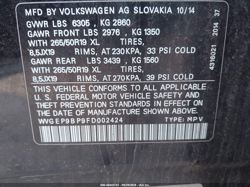 2015 Volkswagen Touareg VIN WVGEP9BP9FD002424 IAAI salvage auction — NORMAL WEAR, Original (Maine), sold $2,700 on 2026-07-06 (photo 9)