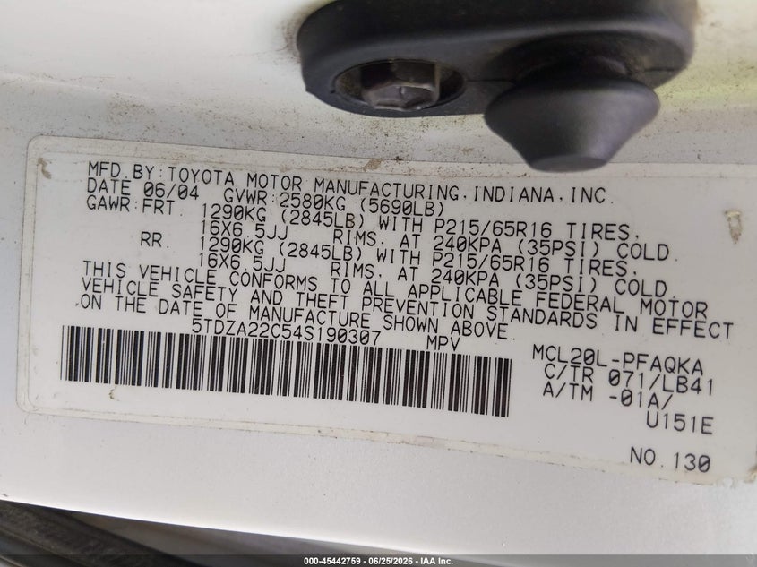 2004 Toyota Sienna VIN 5TDZA22C54S190307 IAAI salvage auction — NORMAL WEAR, Peddle Clear Public-Restricted (Oregon), sold $325 on 2026-07-29 (photo 9)