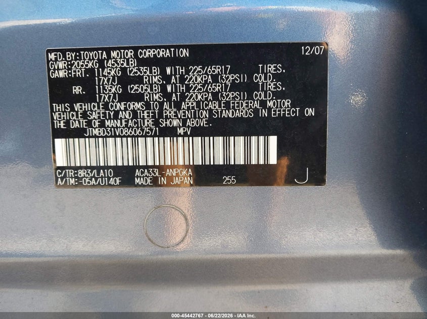 2008 Toyota Rav4 VIN JTMBD31V086067571 IAAI salvage auction — RIGHT REAR, Salvage (North Carolina), sold $2,200 on 2026-07-30 (photo 9)