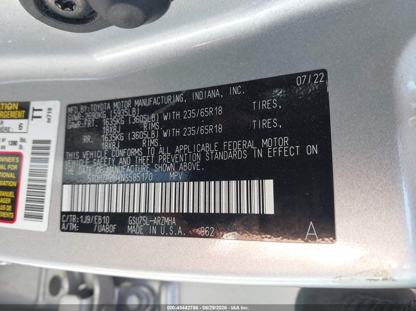 2022 Toyota Highlander VIN 5TDHZRBH4NS585170 IAAI salvage auction — ROLLOVER, Non-Repairable (Arizona), sold $1,350 on 2026-07-26 (photo 9)