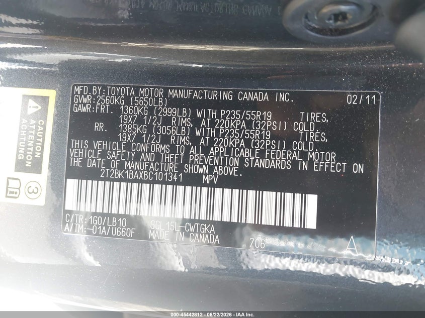 2011 Lexus Rx 350 VIN 2T2BK1BAXBC101341 IAAI salvage auction — FRONT END, Salvage (California), sold $4,100 on 2026-07-09 (photo 9)