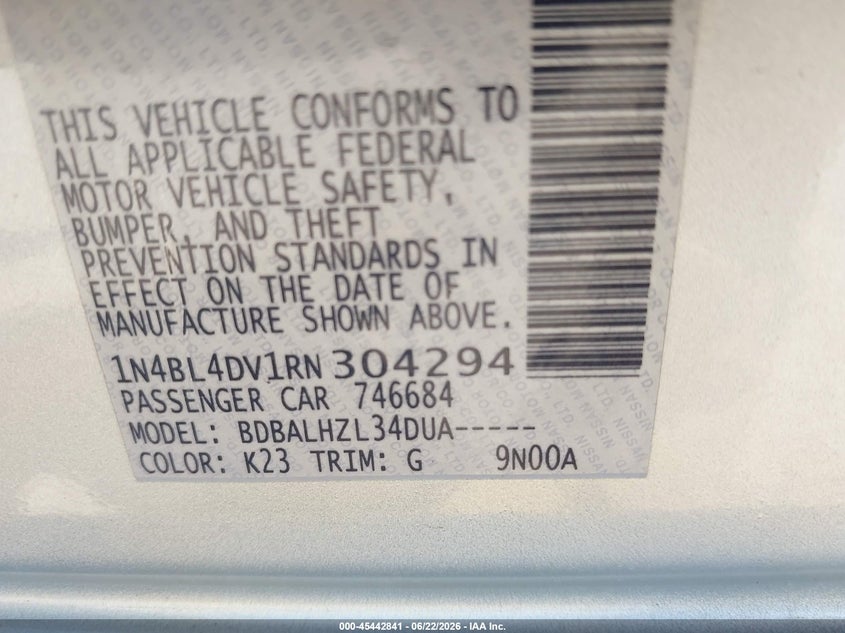 2024 Nissan Altima VIN 1N4BL4DV1RN304294 IAAI salvage auction — RIGHT SIDE, Salvage (Texas), sold $7,850 on 2026-08-27 (photo 9)