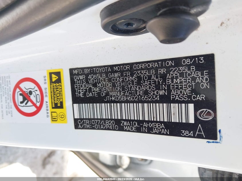 2013 Lexus Ct VIN JTHKD5BH6D2165234 IAAI salvage auction — LEFT FRONT, Salvage (Illinois), sold $3,150 on 2026-07-28 (photo 9)